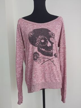 Volcom Pink Marled Skull & Floral Pullover Sweatshirt